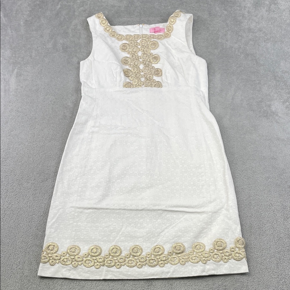 Lilly Pulitzer 4 Cotton Elegant‎ White Adelson Jacquard Dress. Gold Embroidery